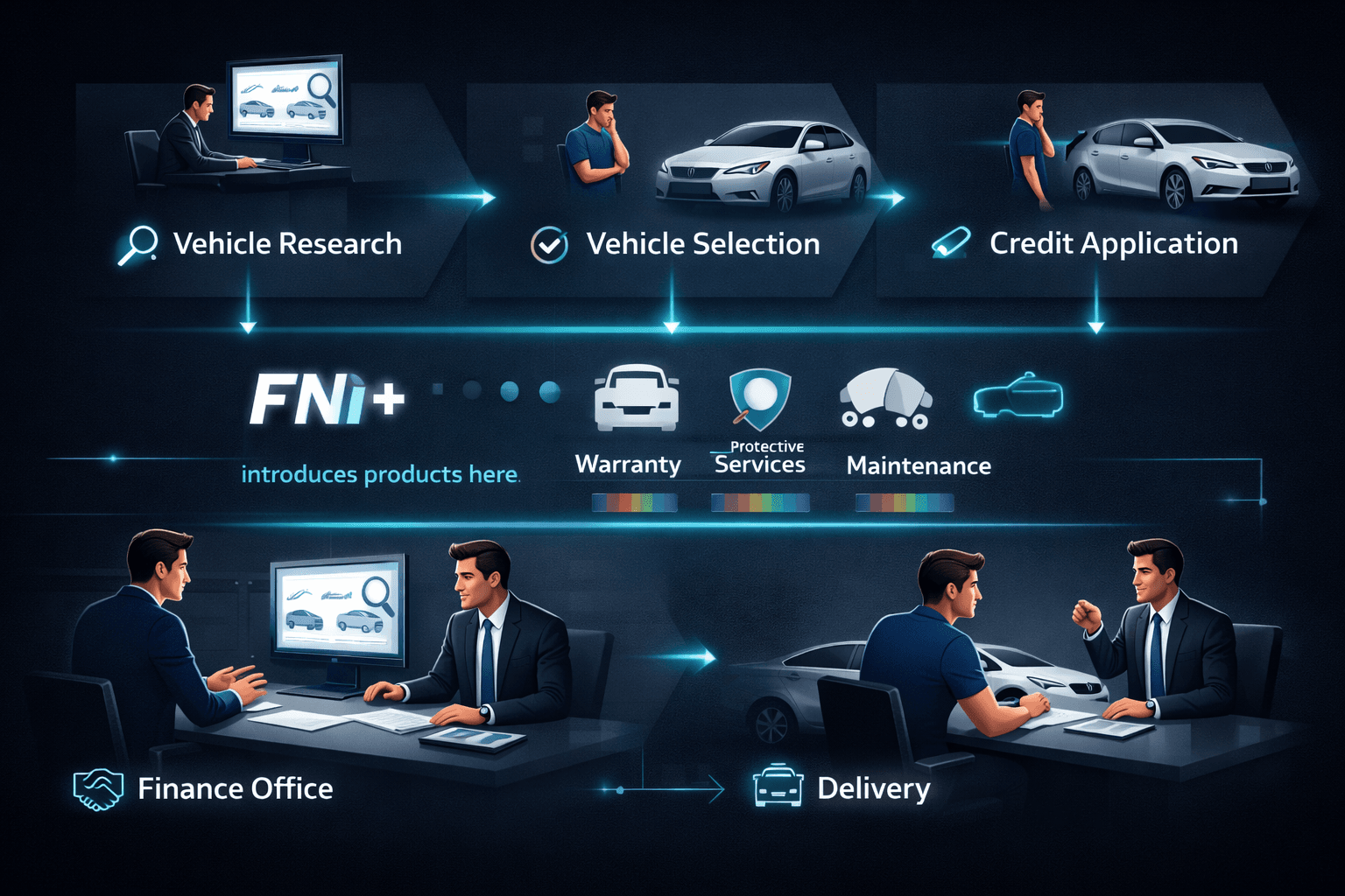 Customer buying journey timeline showing 5 stages from online research to F&I office visit